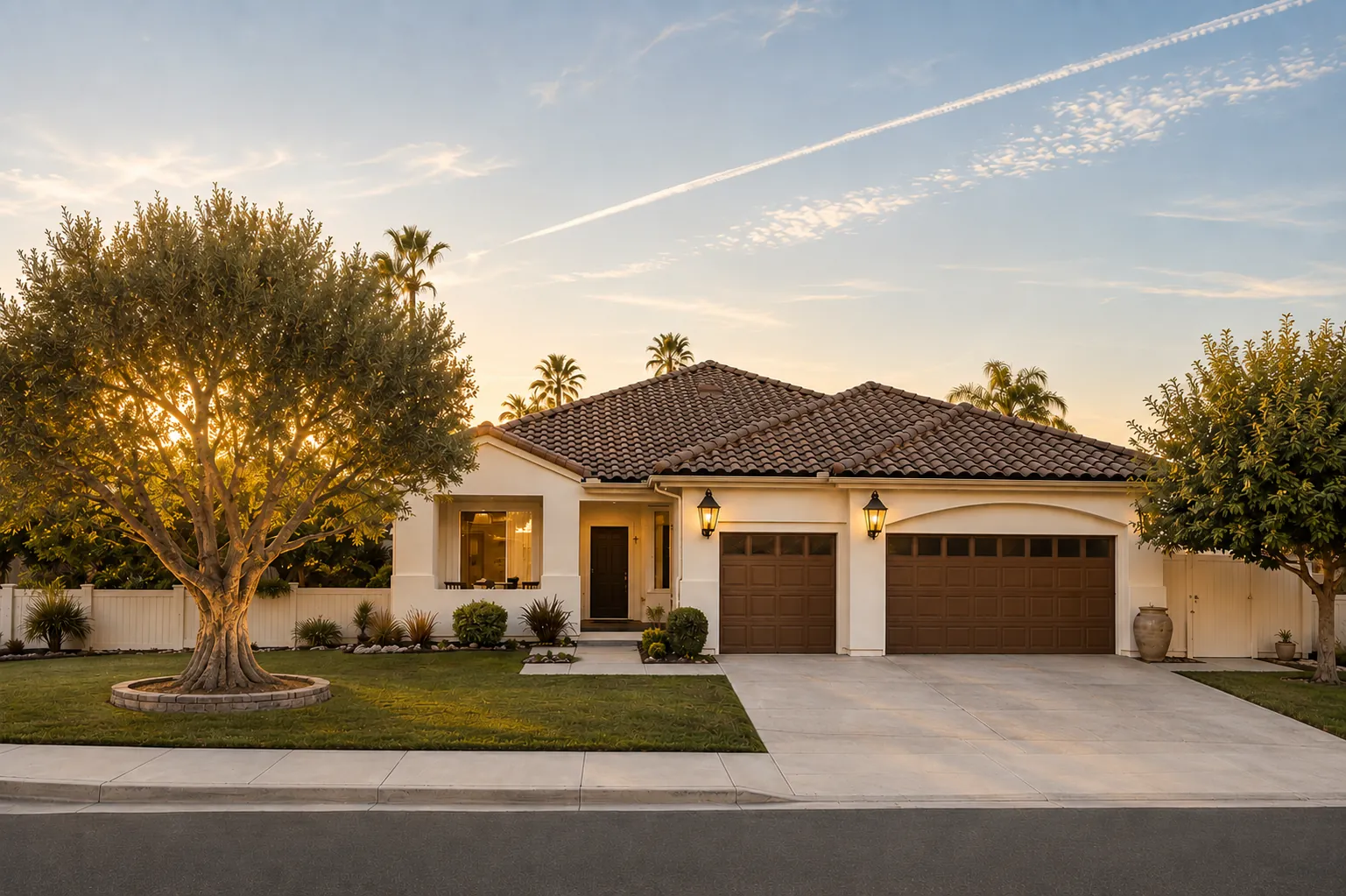 Single-story Southern California home at dusk, with a tile roof, lantern porch lights, and a mature olive tree in the front garden.
